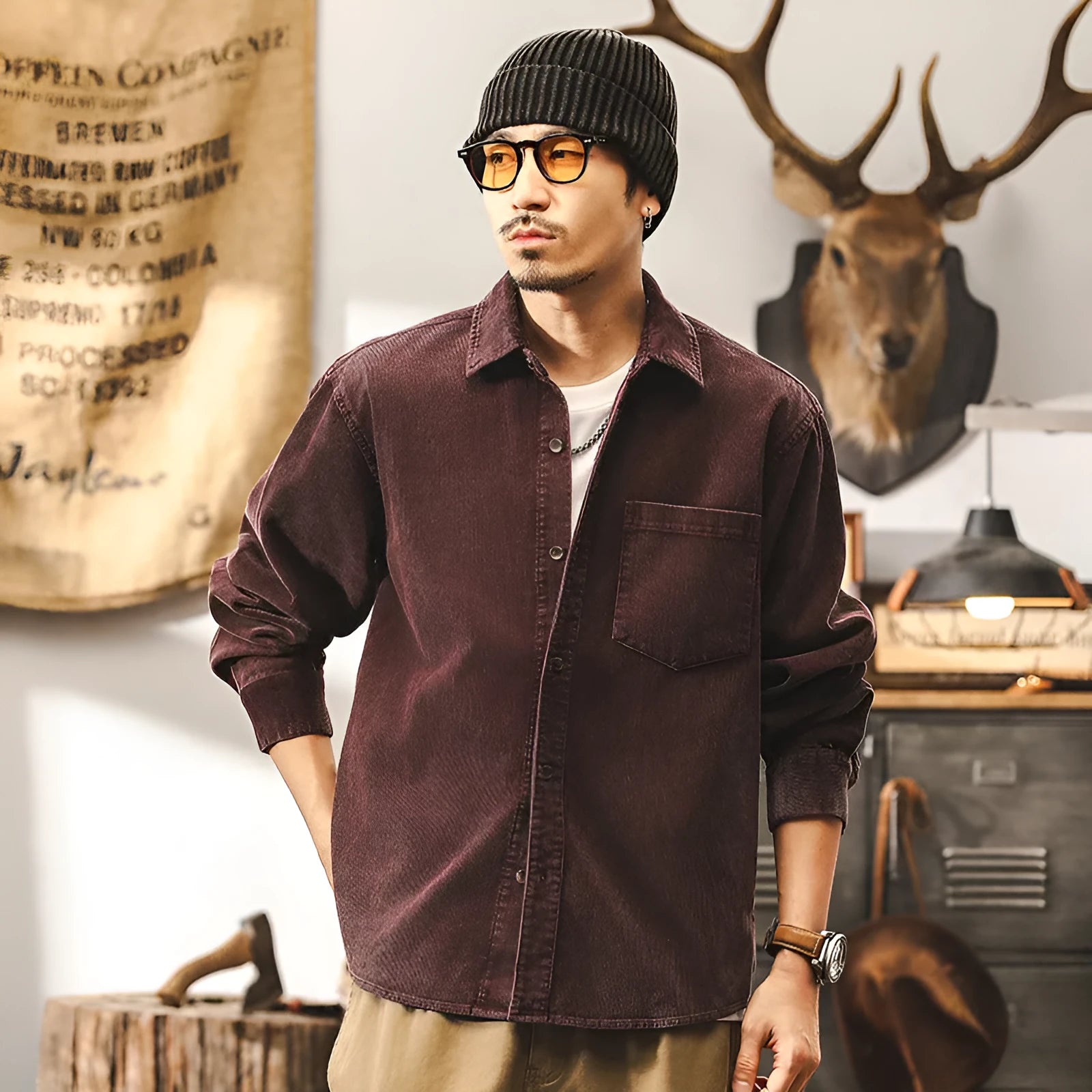 Men's retro corduroy casual shirt jacket in loose fit with long sleeves available in red and black colours