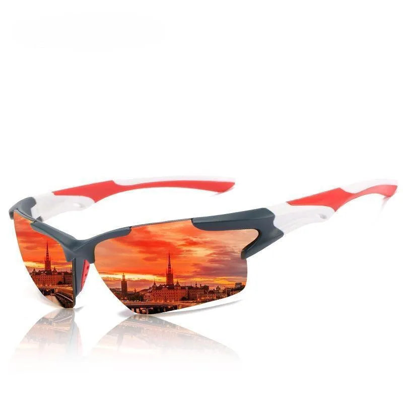 Men's and women's sports sunglasses with colourful film lenses in black frame and black gray option, dust-proof design for fishing and driving