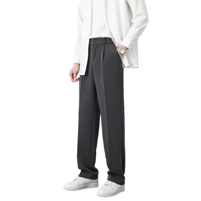 Men's casual fleece-lined trousers in solid colour, mid waist, zipper fly, Ice Silk fabric, loose fit