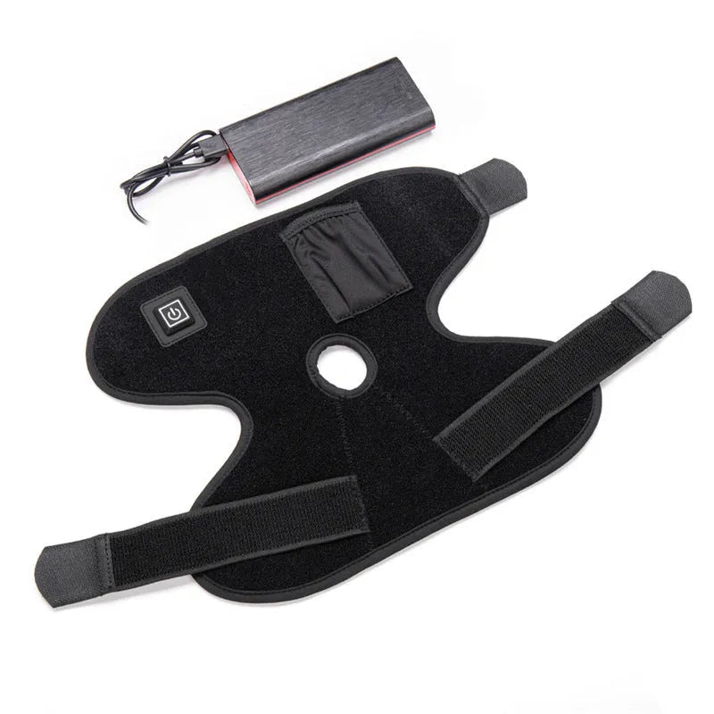 Black adjustable ankle support with red light and heating, USB cable attached