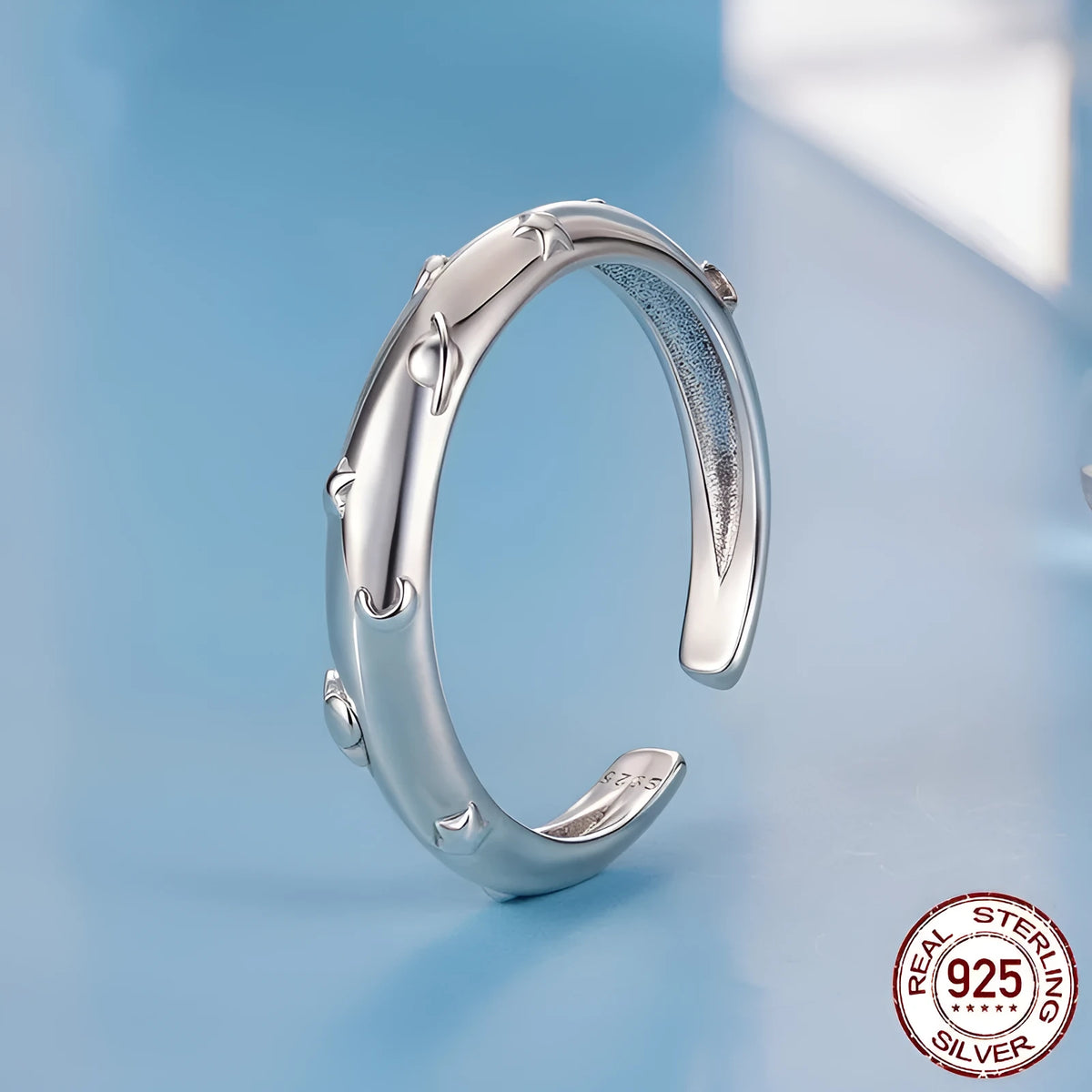S925 sterling silver planet open ring with adjustable opening, polished finish, colour BSR692-E