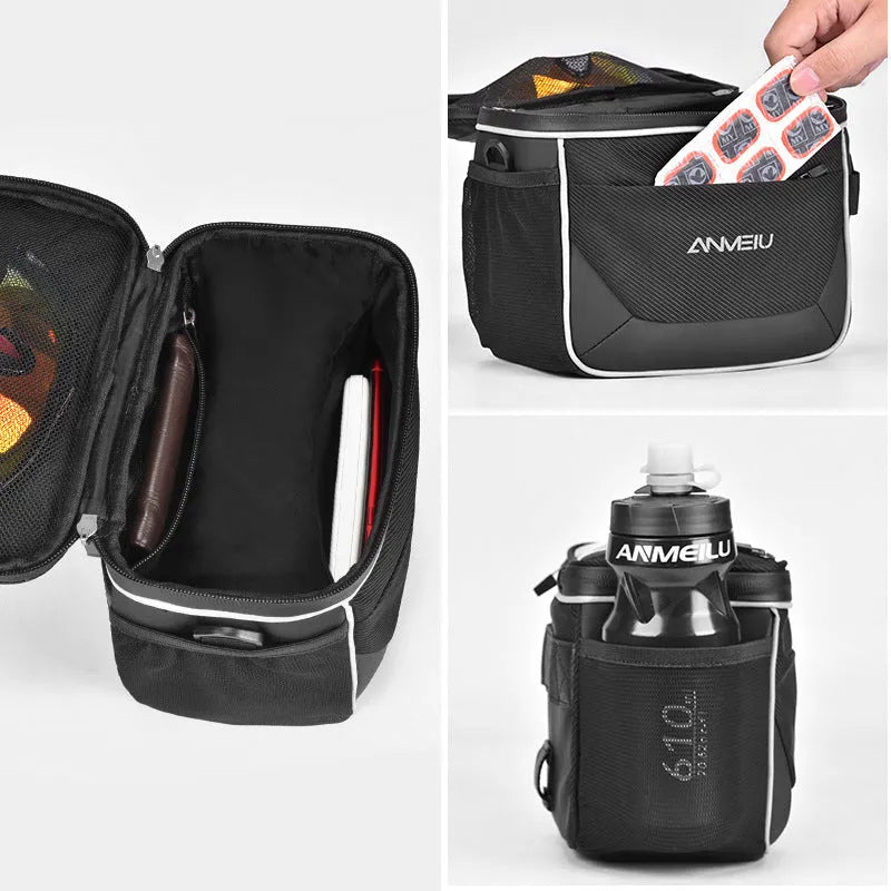 Black polyester folding bicycle bag with 7-inch capacity mounted on handlebars
