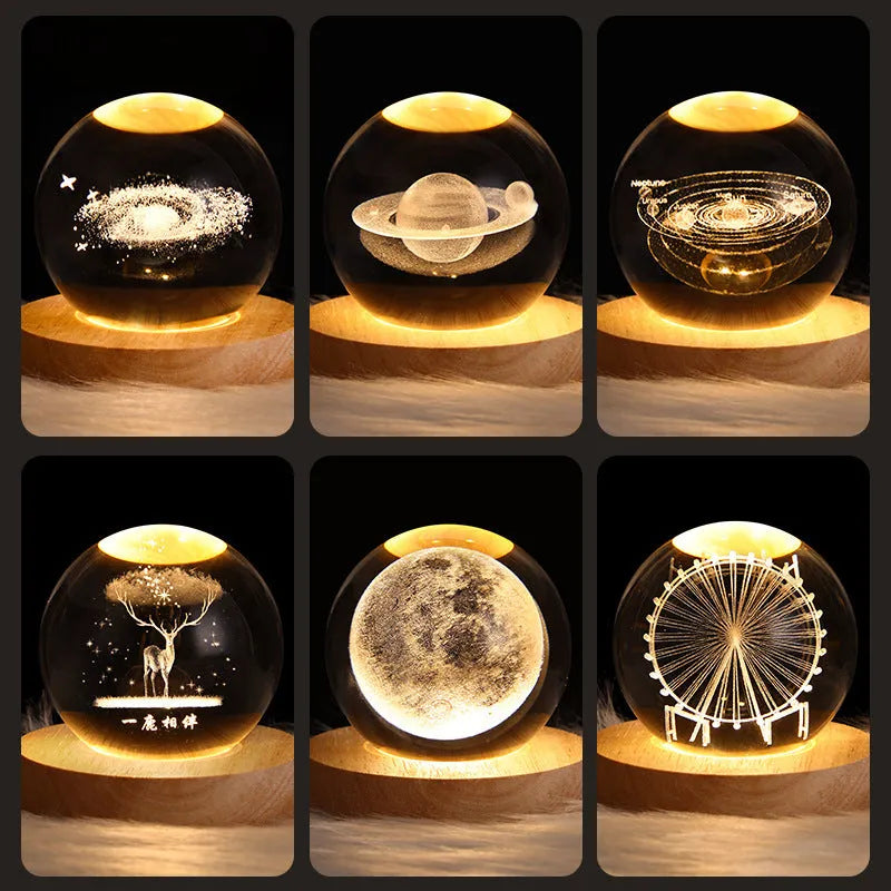 6cm crystal ball LED night light showing a 3D galaxy planet design, powered by a USB cable.