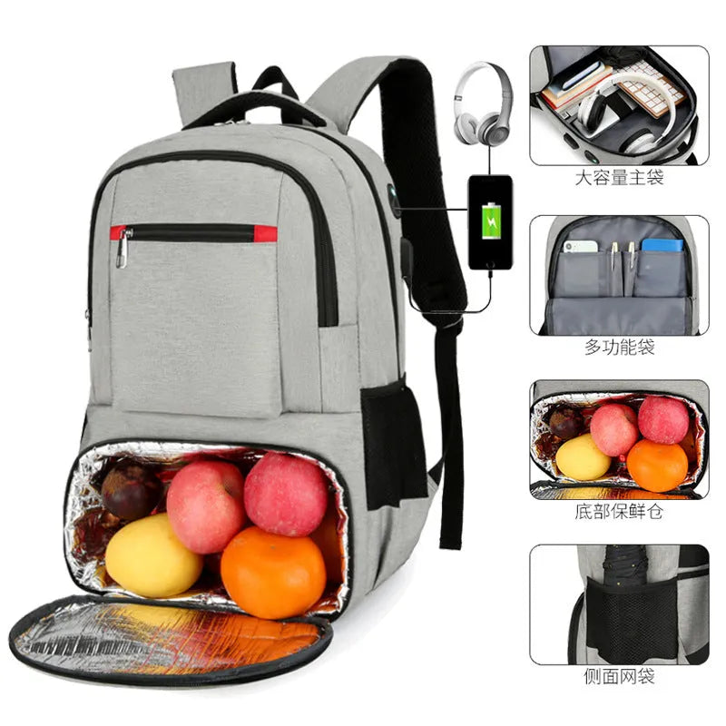 Light grey insulated Oxford cloth backpack with curved shoulder straps and wet-dry separation compartments.