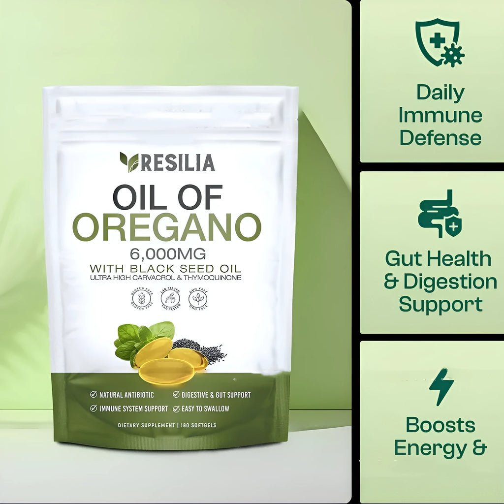 Portable black seed oil and olive oil capsules in a white bottle with 60 or 180 tablets option dietary supplement