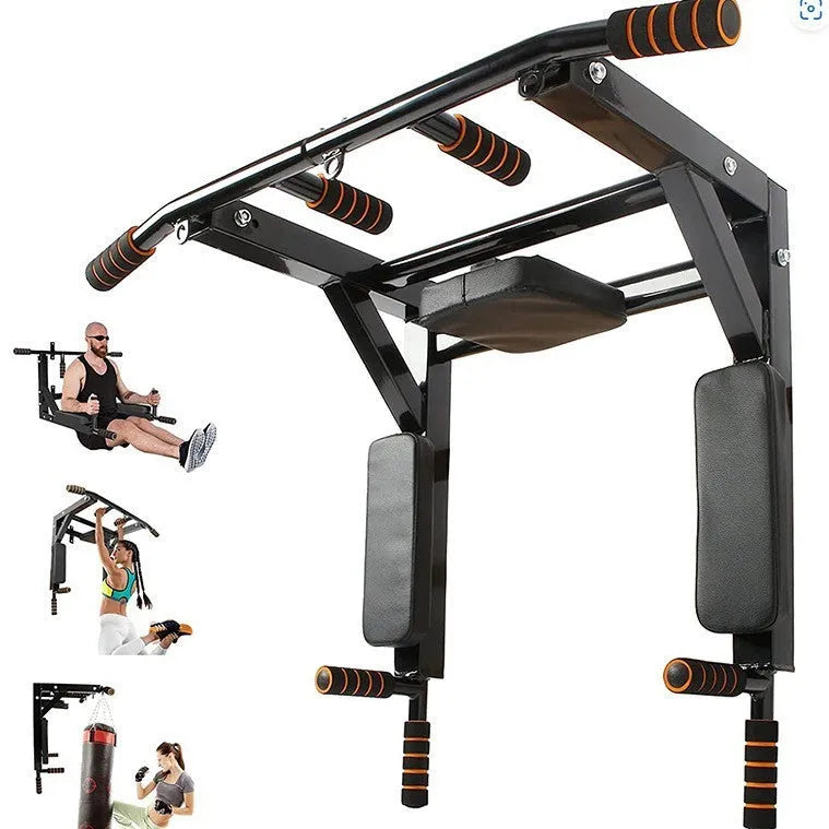 Black wall-mounted steel fitness station with sandbag rack, parallel bars and pull-up bar