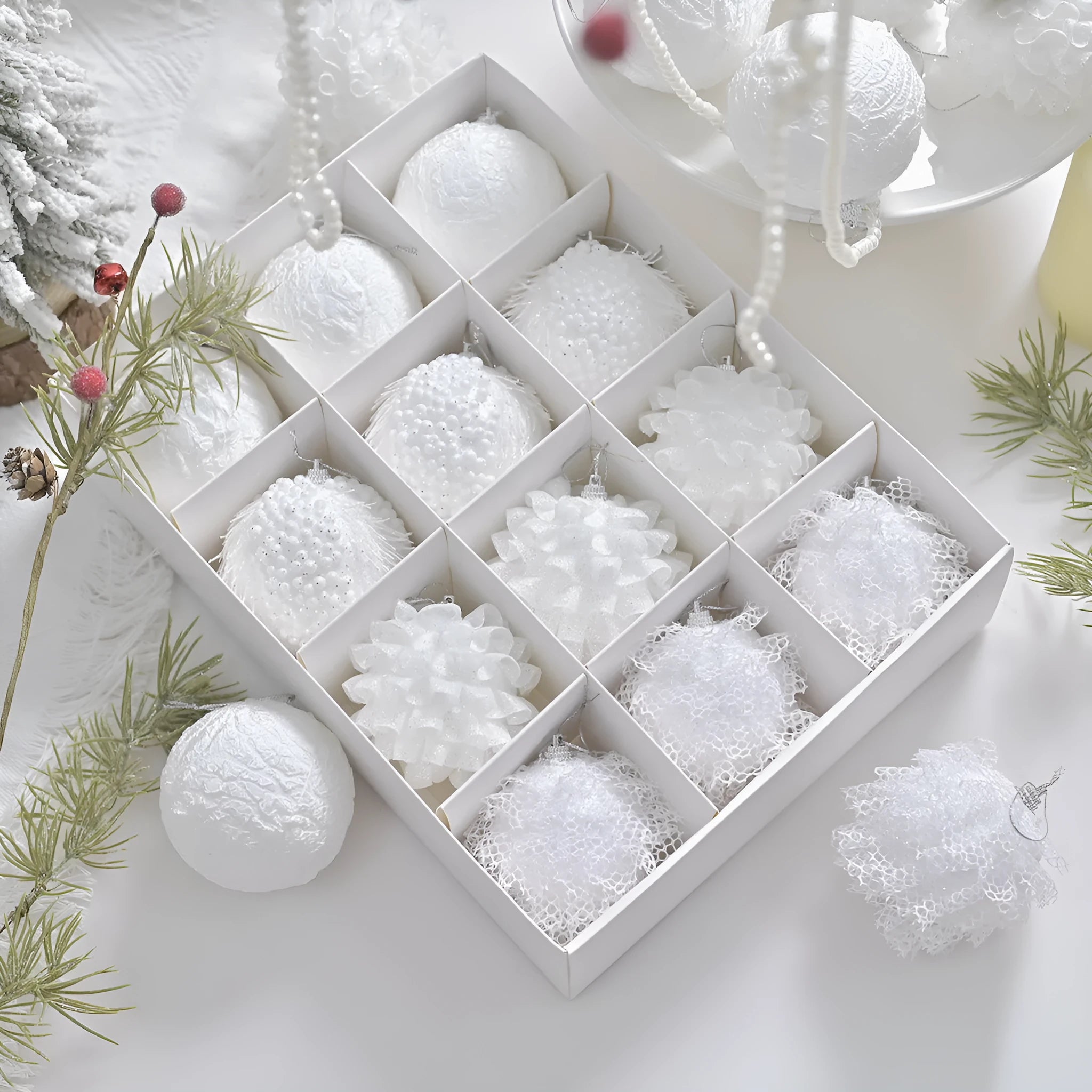 Lace glitter foam Christmas ball decorative pendant in XM0171S colour with plastic core and half-handmade finish