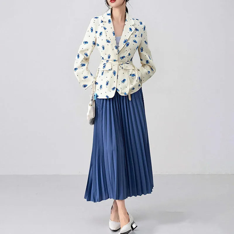 Women's lace-up waist suit jacket in polyester available in apricot white yellow and floral print colours