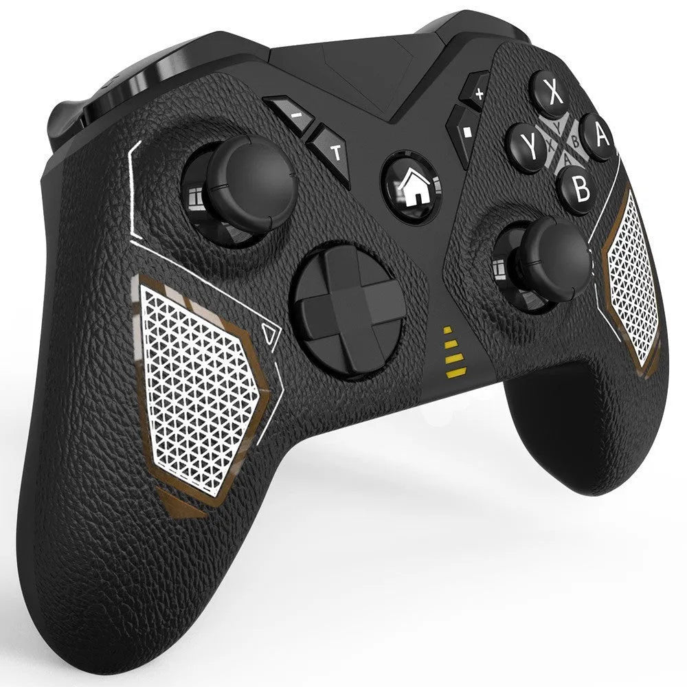 Black wireless game controller with leather pattern texture for Nintendo, PC, and smartphone.