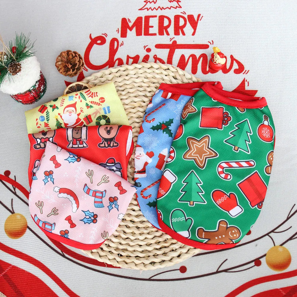 Christmas pet vest for small dogs and cats, non shedding polyester, short style, available in sizes XS to XXL with Santa and tree prints