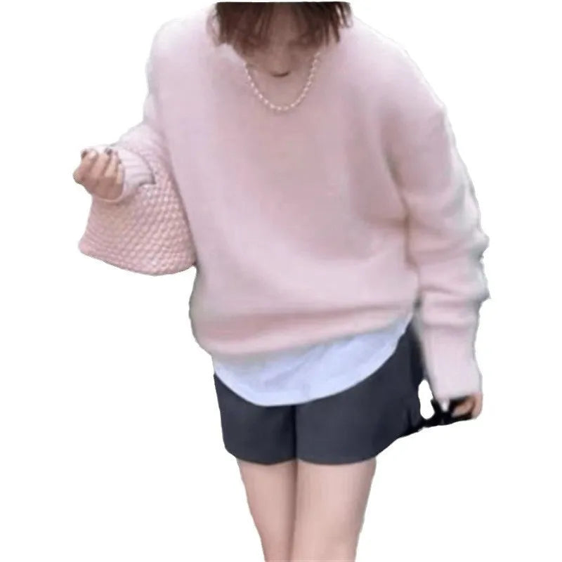Women's Mohair lazy loose pullover sweater in solid colour, long sleeves, polyester blend, front view