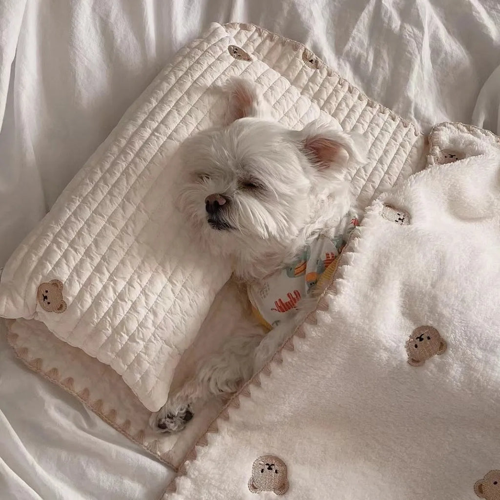 Simple bear print square dog bed set with pillow, mattress, and quilt on a floor.