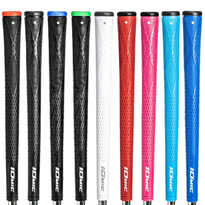 TPE non-slip golf club grip shown in various colour options including pink, blue, and black with coloured heads.