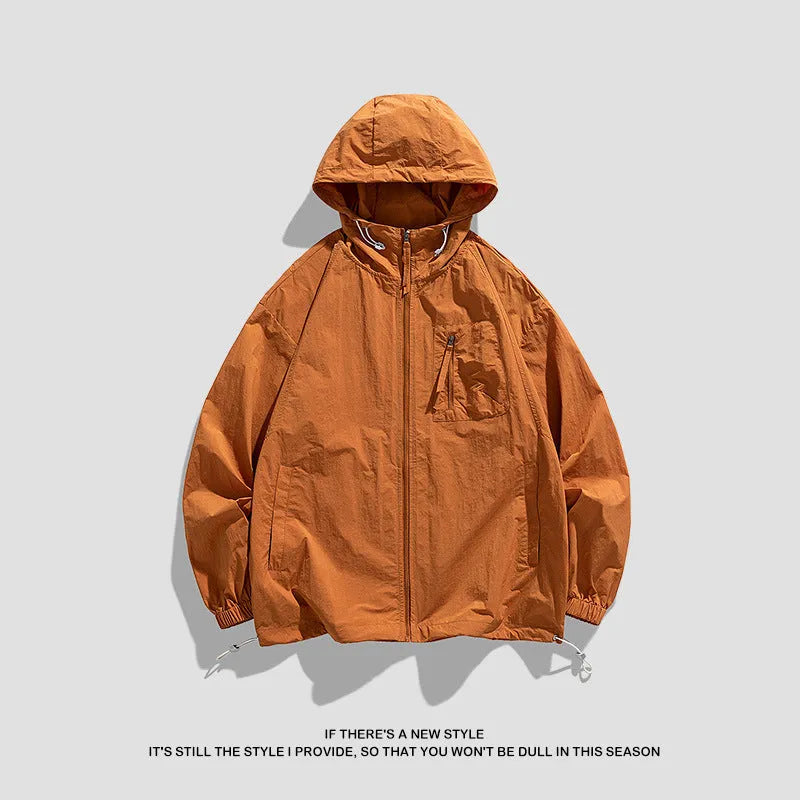 Lightweight Lycra sun protection jacket with hood in caramel colour showing front design