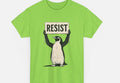 Loose-fit short sleeve cotton T-shirt in black, green, or white on a hanger.
