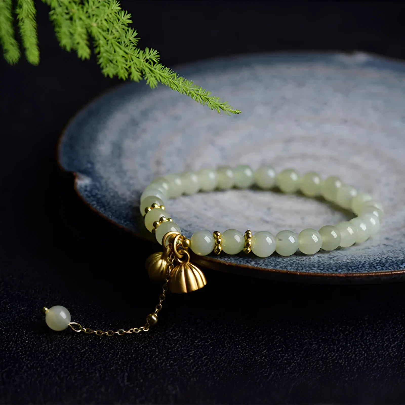 Natural Hetian jade bracelet with 6mm lotus beads and fu character element