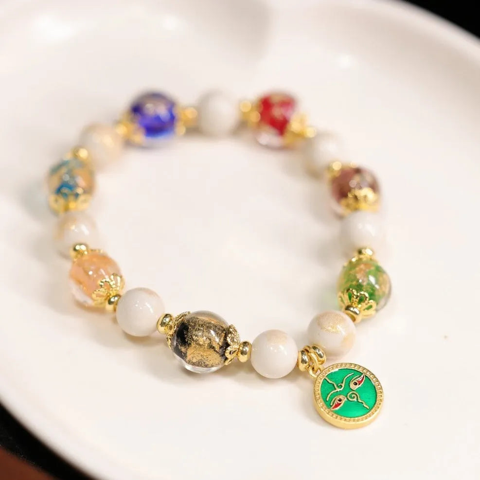 Handmade Five Gods of Wealth glazed porcelain bracelet with 10mm geometric beads