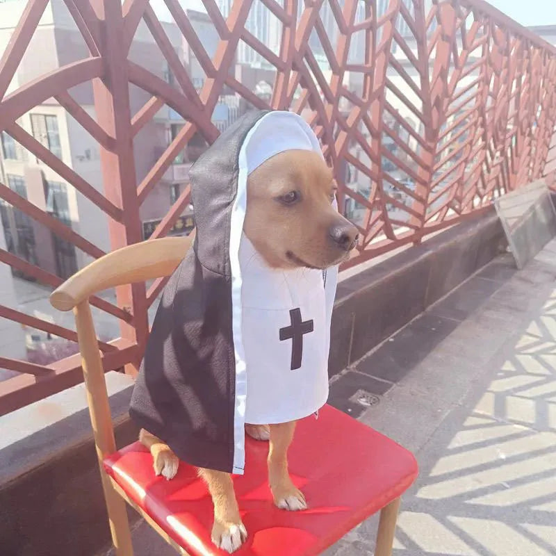 Black and white nun cloak costume for a small dog on a mannequin