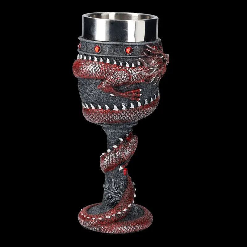 Red wine glass with Chinese dragon 3D art design and stainless steel stem