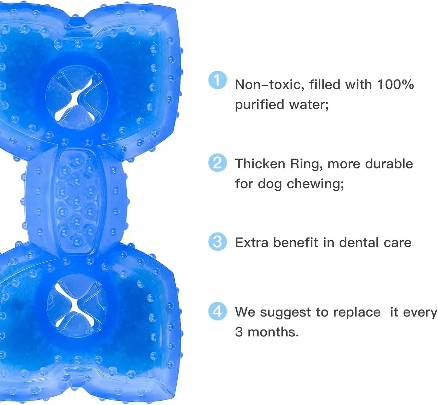 Freezable dog chew toy in bone and circle shapes, non-toxic with cooling water core