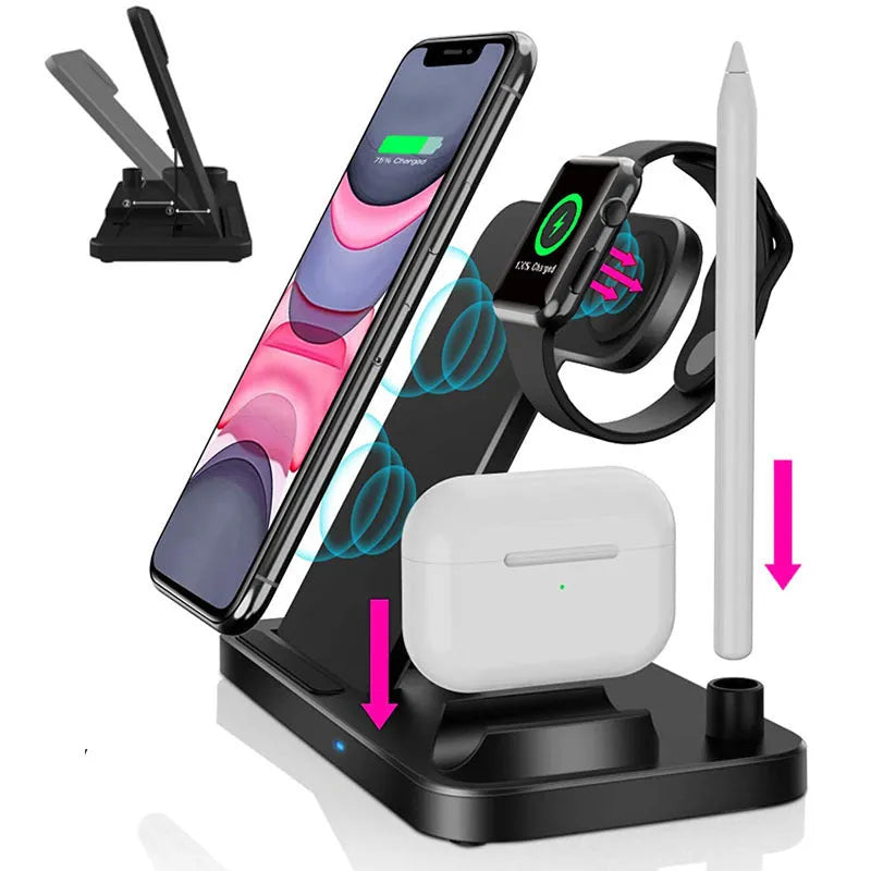 Folding 4-in-1 wireless charger in Space grey colour charging Apple iPhone and pencil simultaneously
