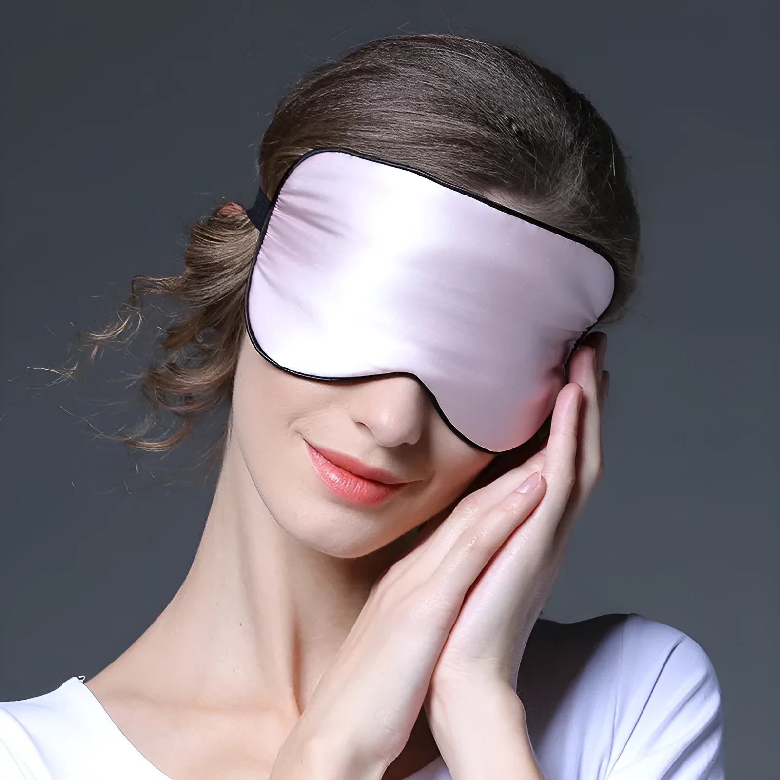 Double-sided mulberry silk sleep eye mask in a choice of twenty-one colours, showing embroidered print.