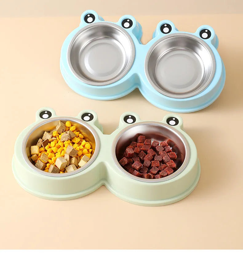 Blue stainless steel double pet bowl for cats and dogs with non-slip rubber base.