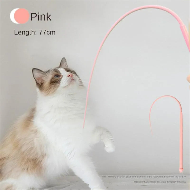 Simulated mouse tail cat toy with silicone tail and cat head design in blue or pink colours
