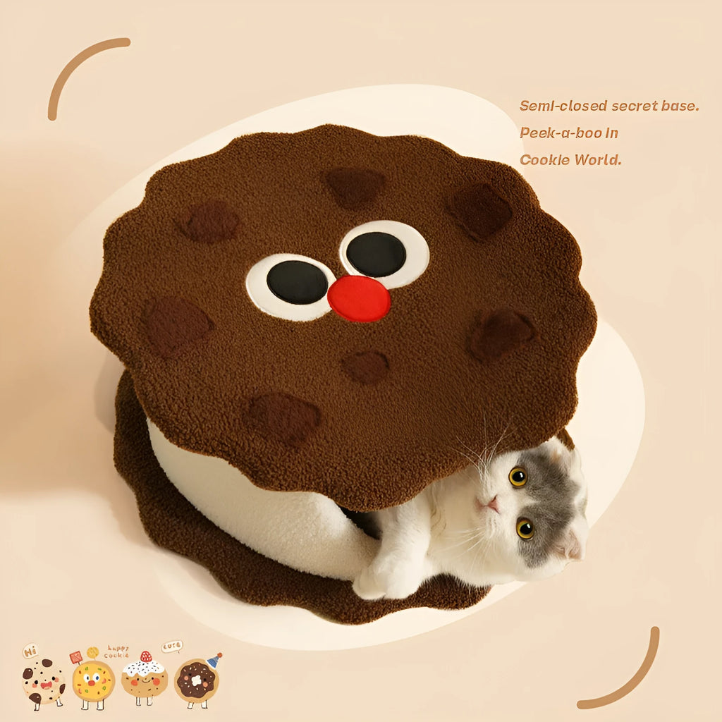 Khaki coloured sandwich cookie shaped closed cat bed house with front entrance and removable cushion