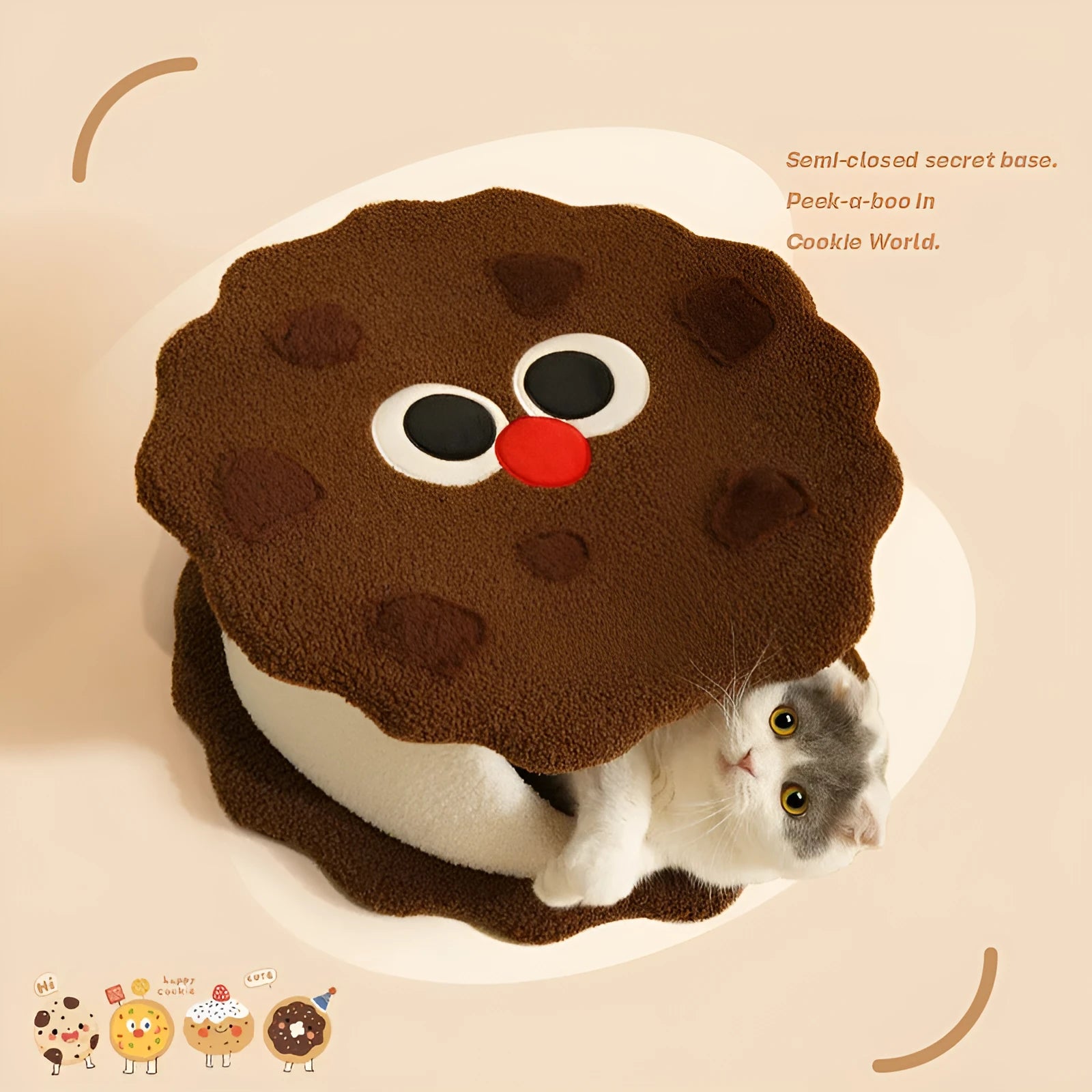 Khaki coloured sandwich cookie shaped closed cat bed house with front entrance and removable cushion