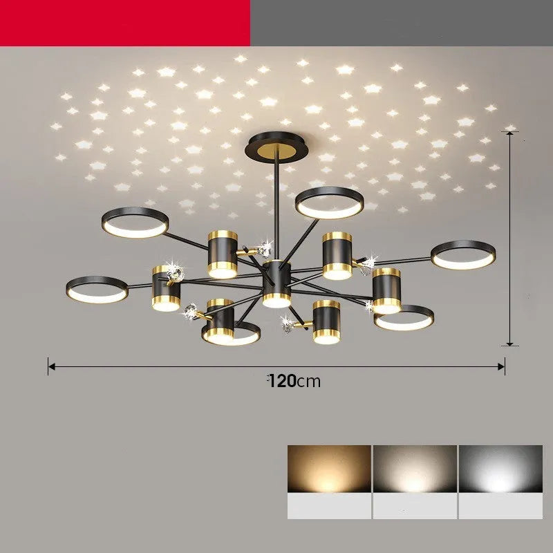 Black iron pendant lamp with 13 heads and adjustable height for ceiling mounting