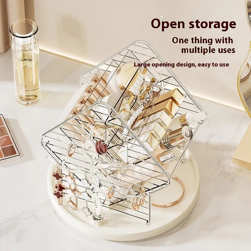 A rotating cosmetics storage box in a luxury style, shown in clear and amber gold colour options.