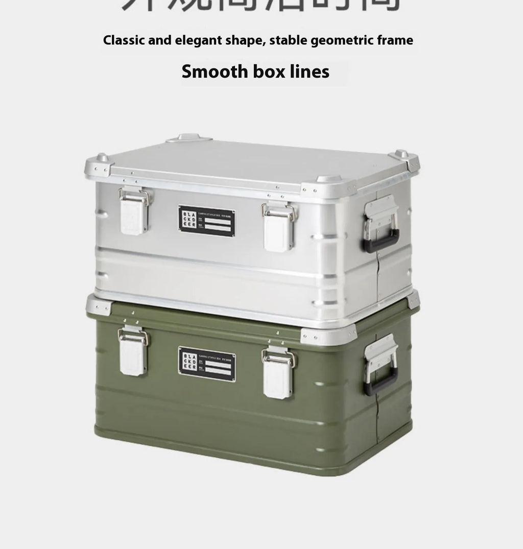 Field green aluminium alloy camping storage box with dimensions 58cm by 38cm by 28cm