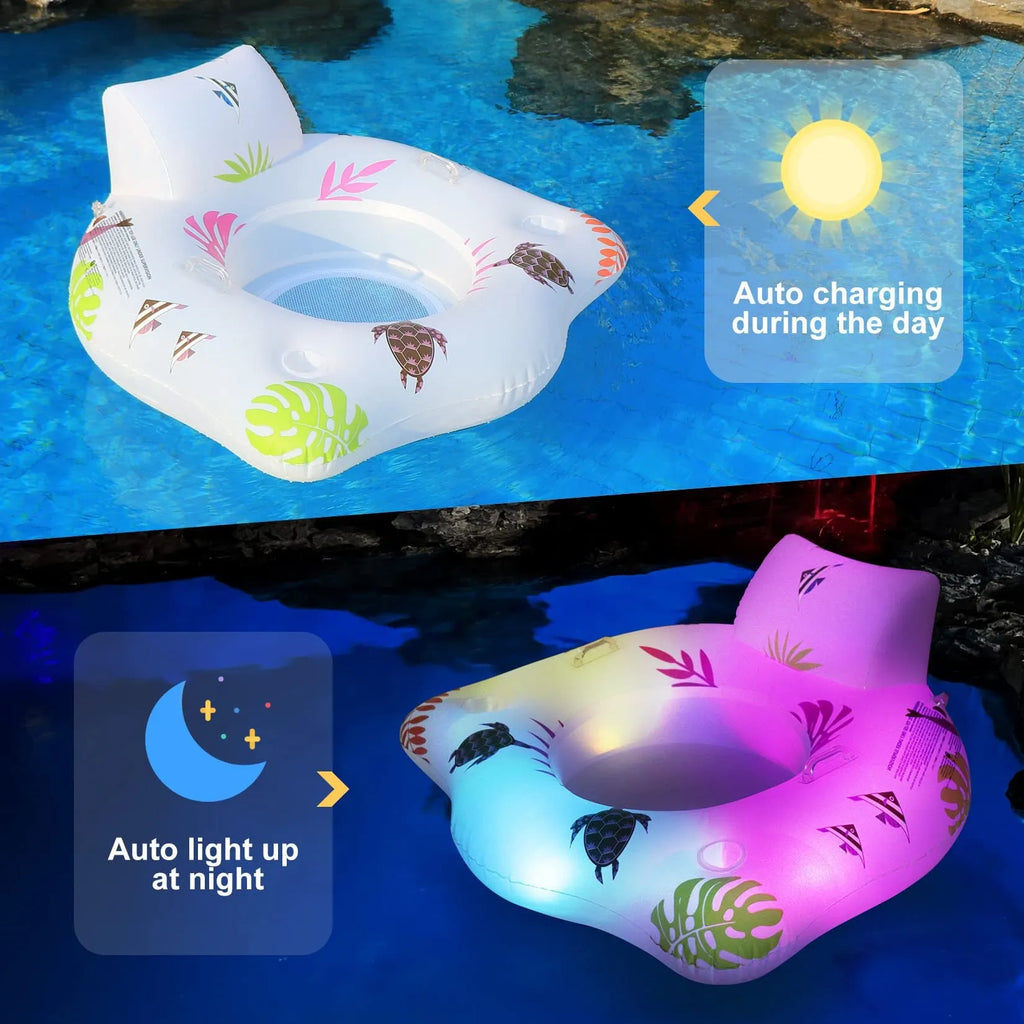 White luminous U-shaped inflatable float on water, showing recliner seat design.