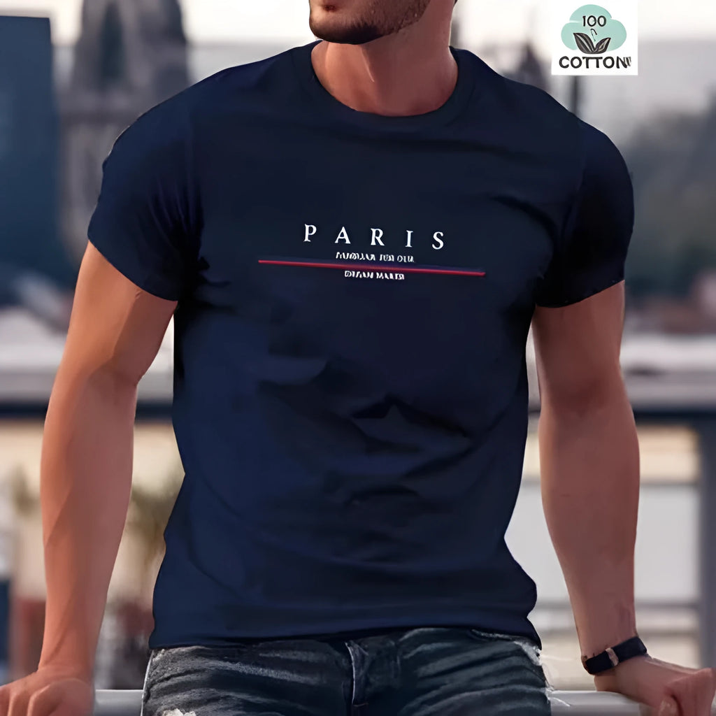 Men's loose-fitting short-sleeved cotton T-shirt with a printed letter design.