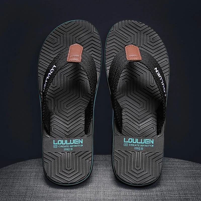 Men's black flip flops with non-slip sole and EVA upper on a beach background