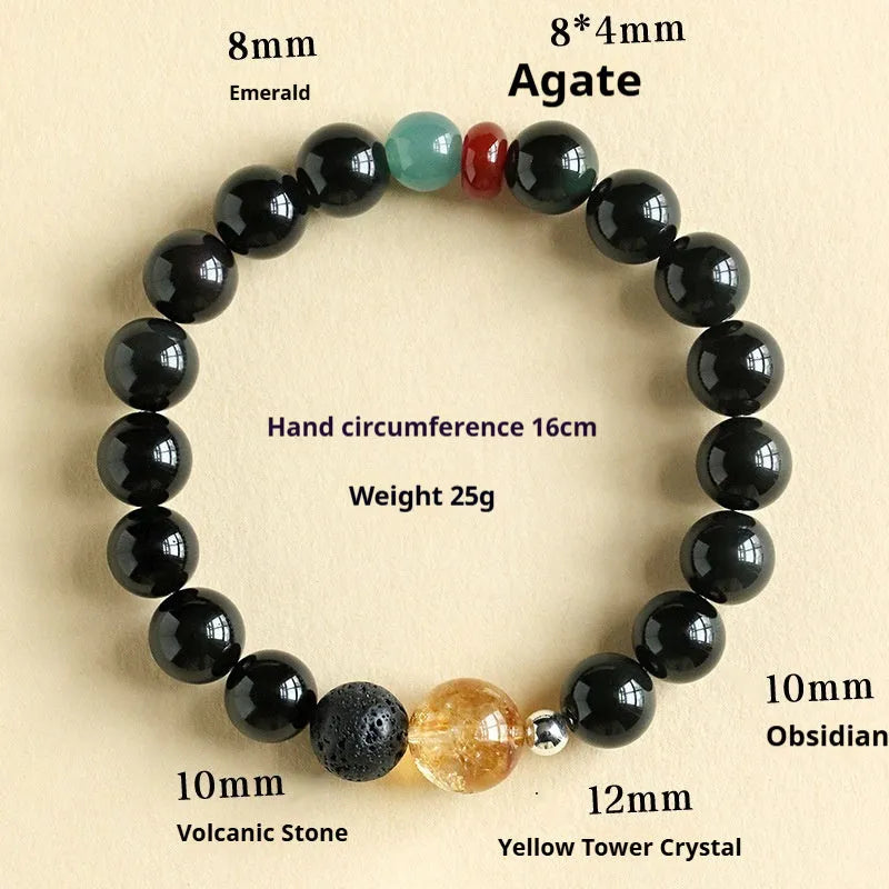 Chinese-style obsidian yellow tower crystal agate jade couple bracelet with 8mm or 10mm bead options