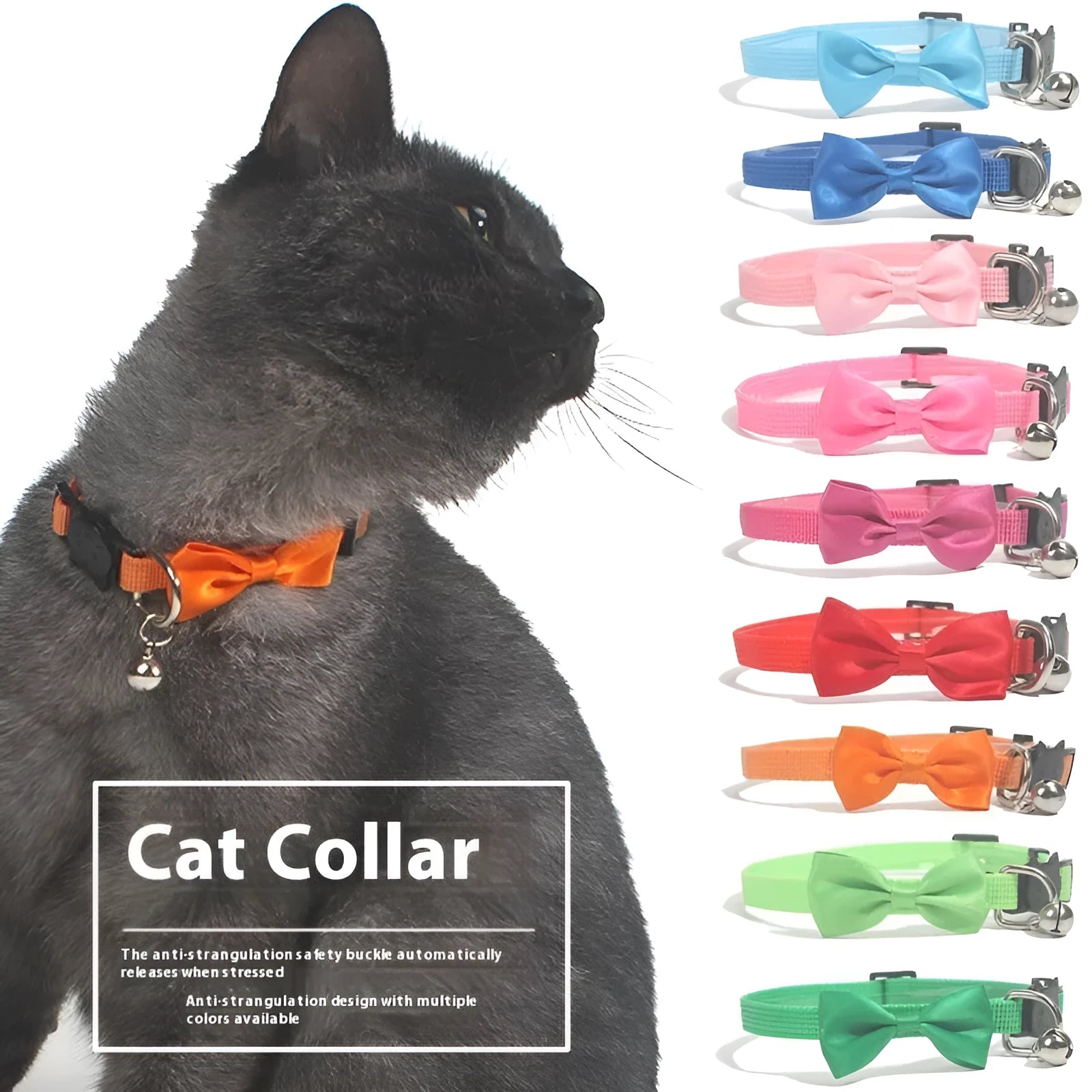 Adjustable nylon cat collar with decorative bow and bell in striped pattern multiple colours