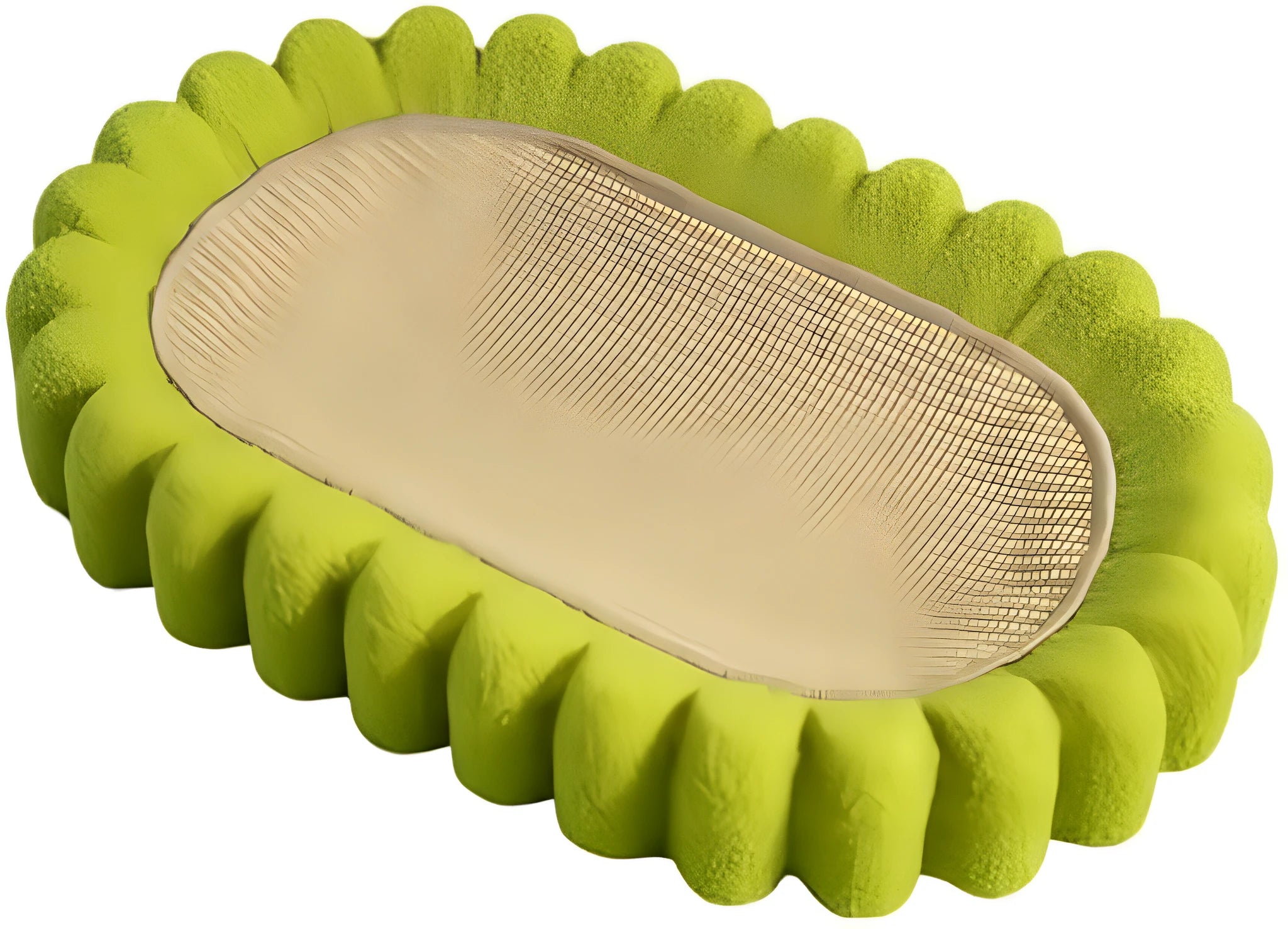 Green oval cat scratch pad bowl made of sisal measuring 650mm x 420mm