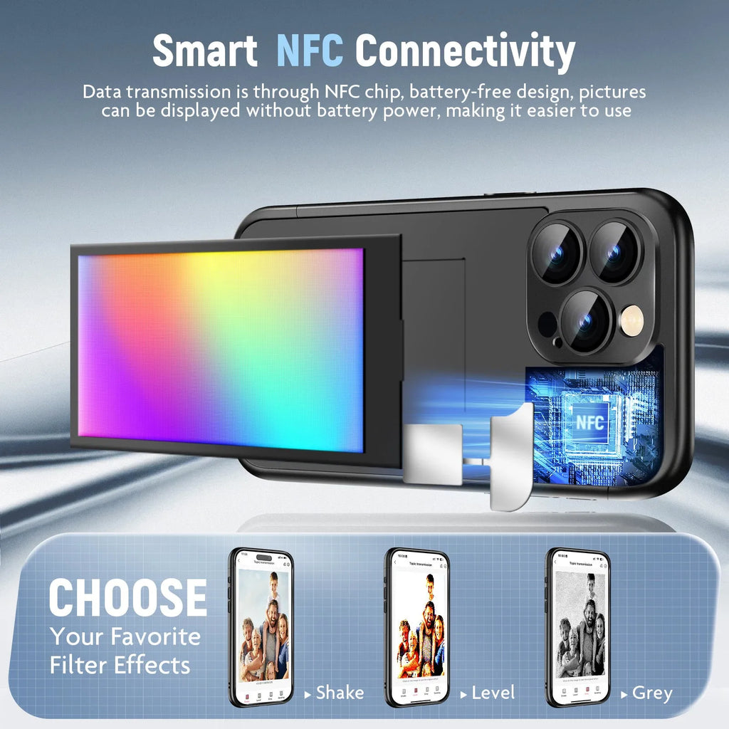 Black iPhone 15 Pro Max flip case with NFC ink screen showing custom design