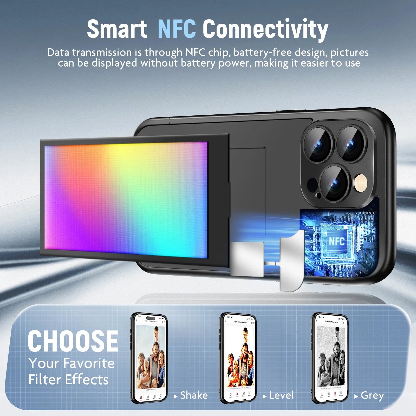 Black iPhone 15 Pro Max flip case with NFC ink screen showing custom design