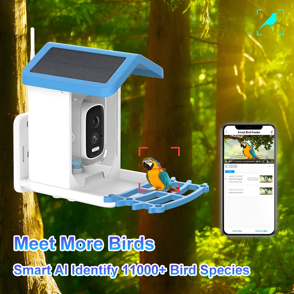 Q40 intelligent bird feeder in sky blue with solar panel and HD camera for garden birdwatching