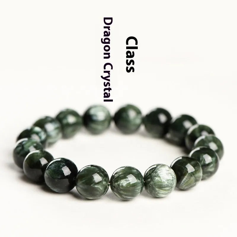Green Dragon Crystal bracelet with 8-9mm round beads and Ruyi design element.