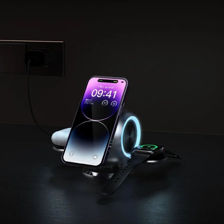 White spherical ambience light vertical magnetic wireless charger with QC3.0 support