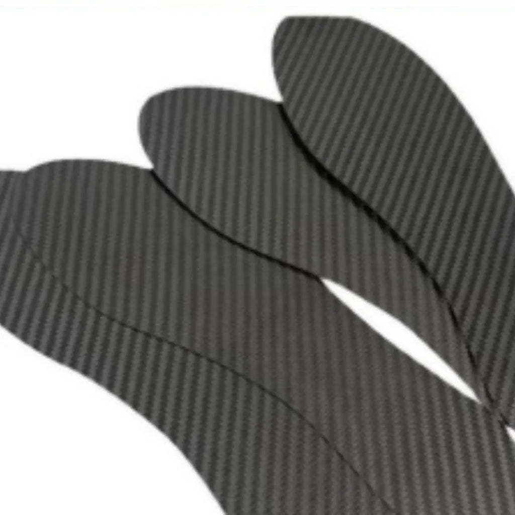 Black 3K carbon fibre running insoles showing textured weave, available in sizes 34 to 48.