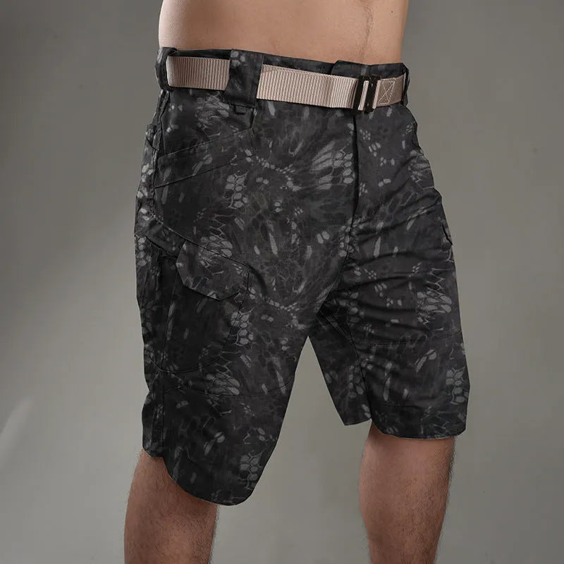 Men's cotton blend tactical shorts in camouflage pattern for outdoor hiking.