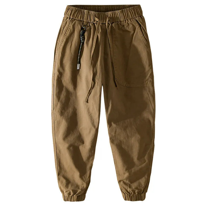 Men's cotton casual overalls in army green with a drawstring waist and tapered ankle bands.