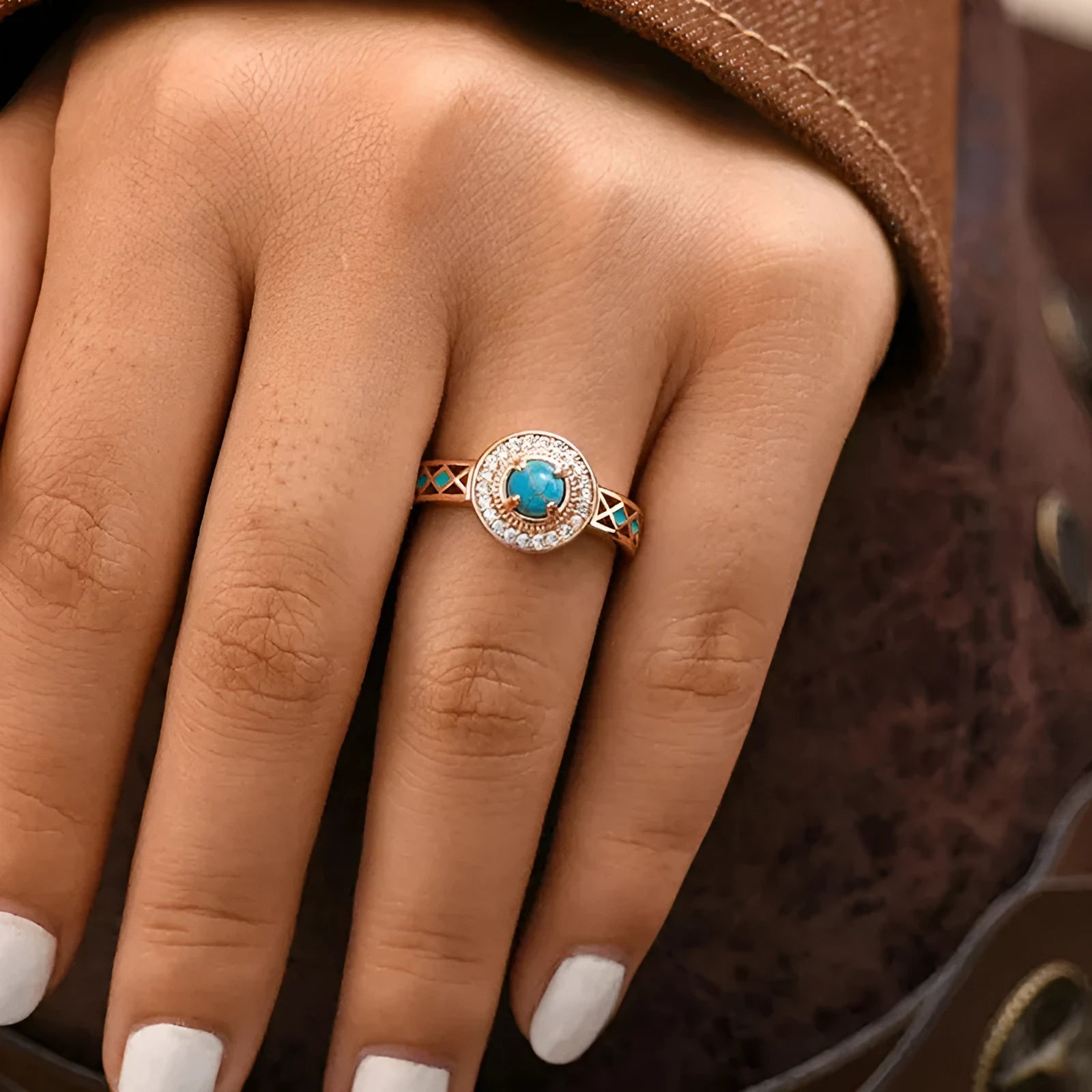 Women's turquoise ethnic style zircon ring in rose gold on copper with geometric design