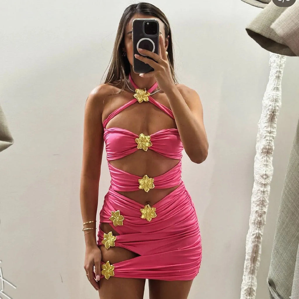 Women's solid colour one-piece swimsuit with hollow-out tube top and matching skirt