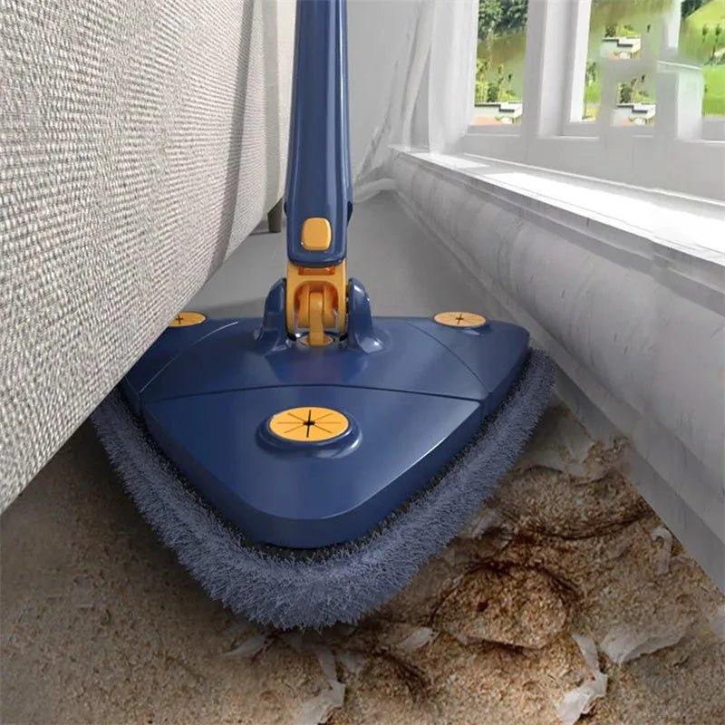 Blue triangle cleaning mop with 360° rotating head and extendable stainless steel pole